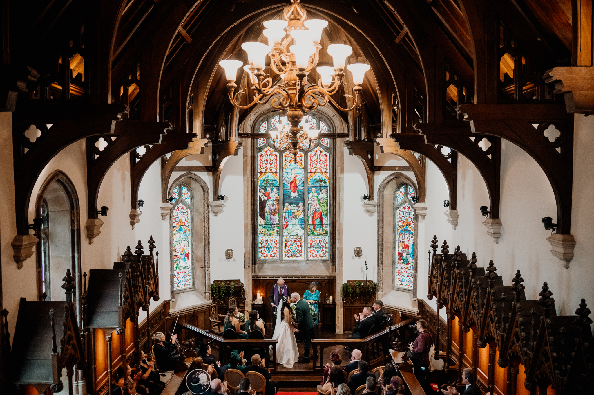Wedding ceremony photographed from the balcony of Markree Castle chapel