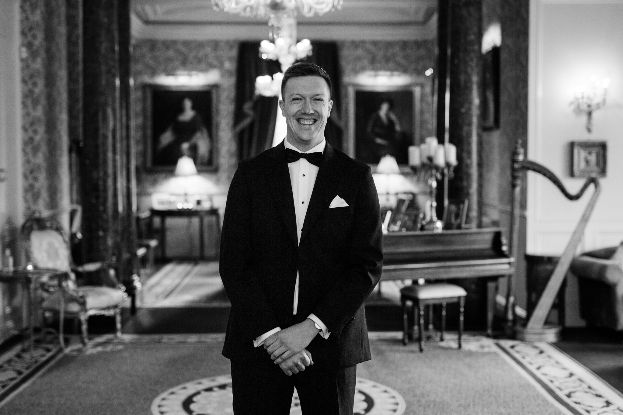 Groom waiting for a first look in the Grand Hall at Markree Castle