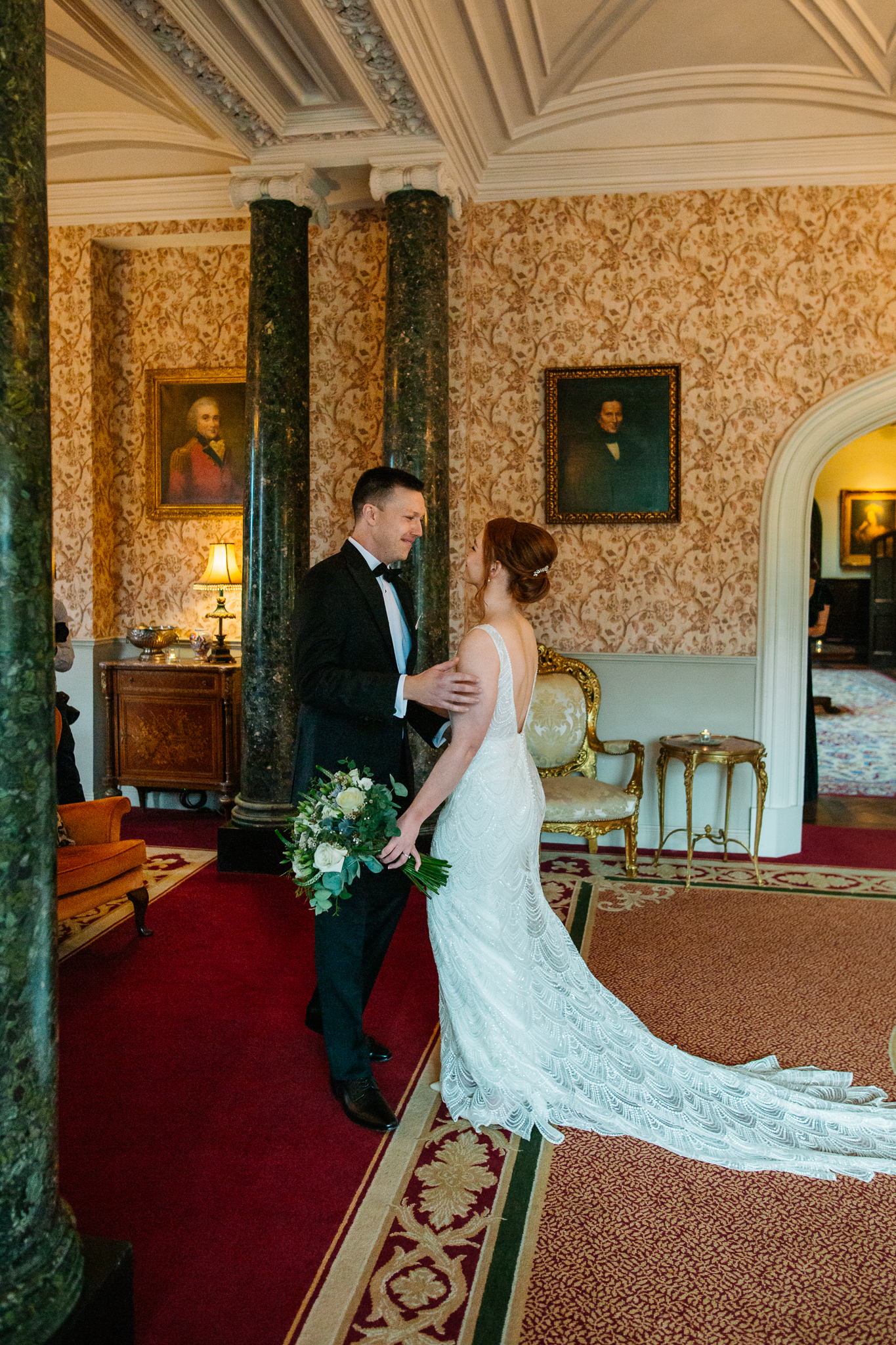 Bride approaching the groom during their Markree Castle first look