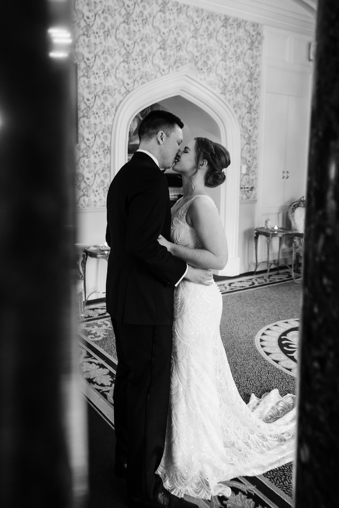 Black and white wedding photograph after a first look at Markree Castle