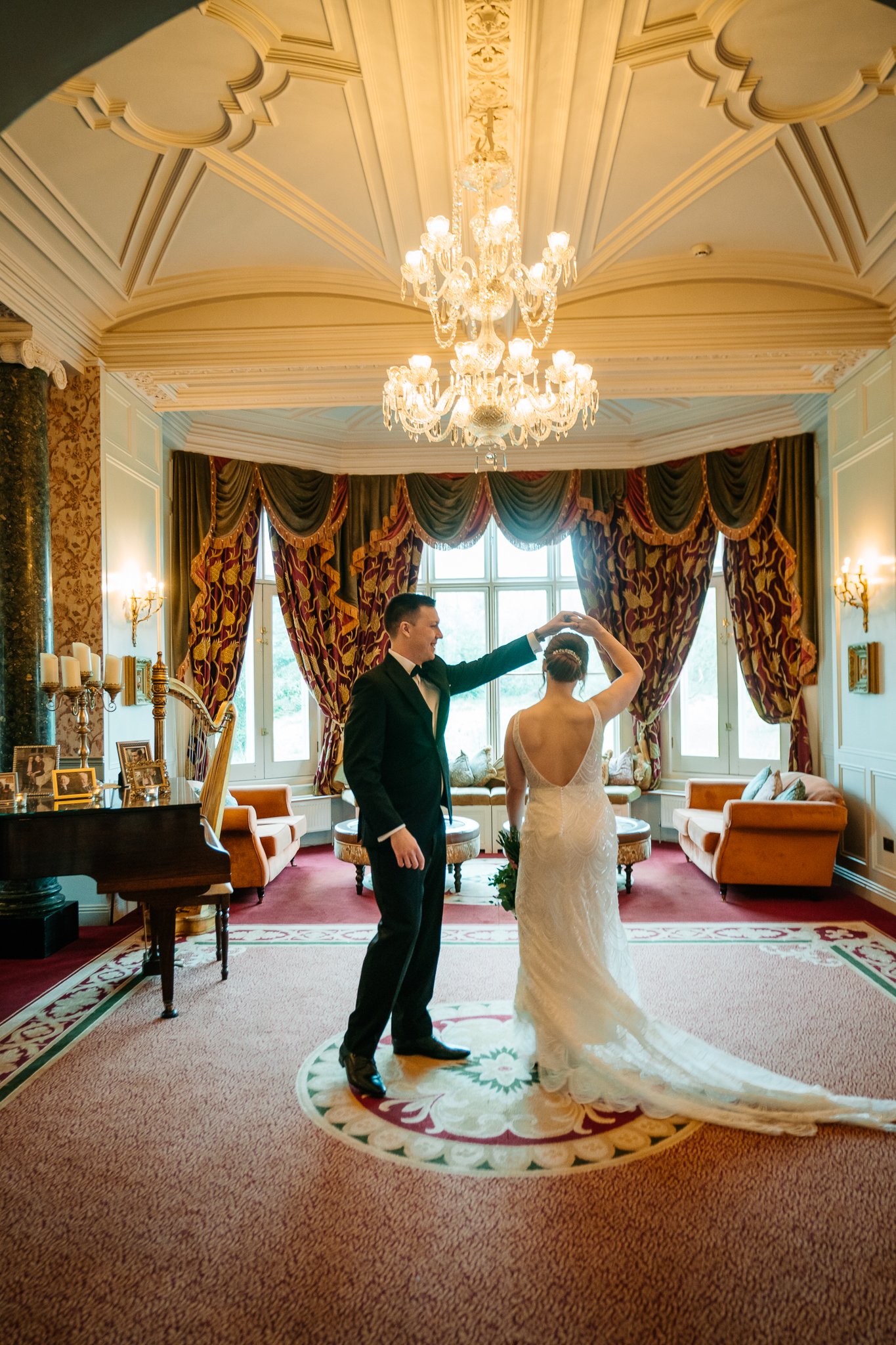 Wedding first look in the Grand Hall at Markree Castle in Ireland