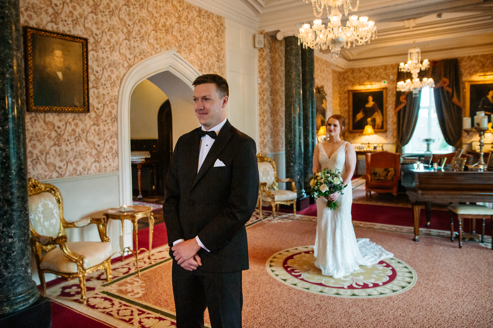 Groom waiting for the bride during a first look at Markree Castle