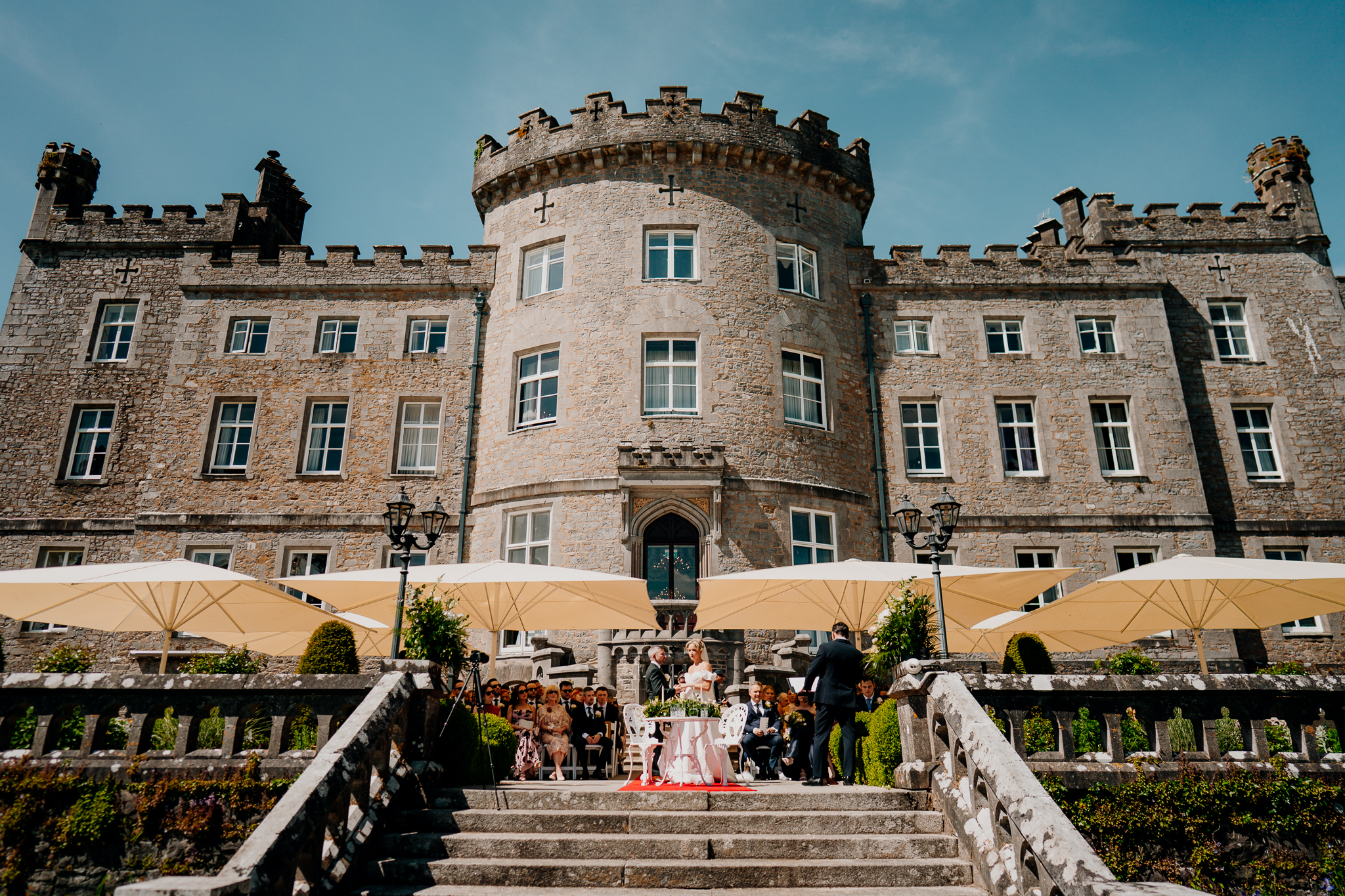 Markree Castle wedding venue exterior featuring its historic stone facade and round tower in County Sligo, Ireland.