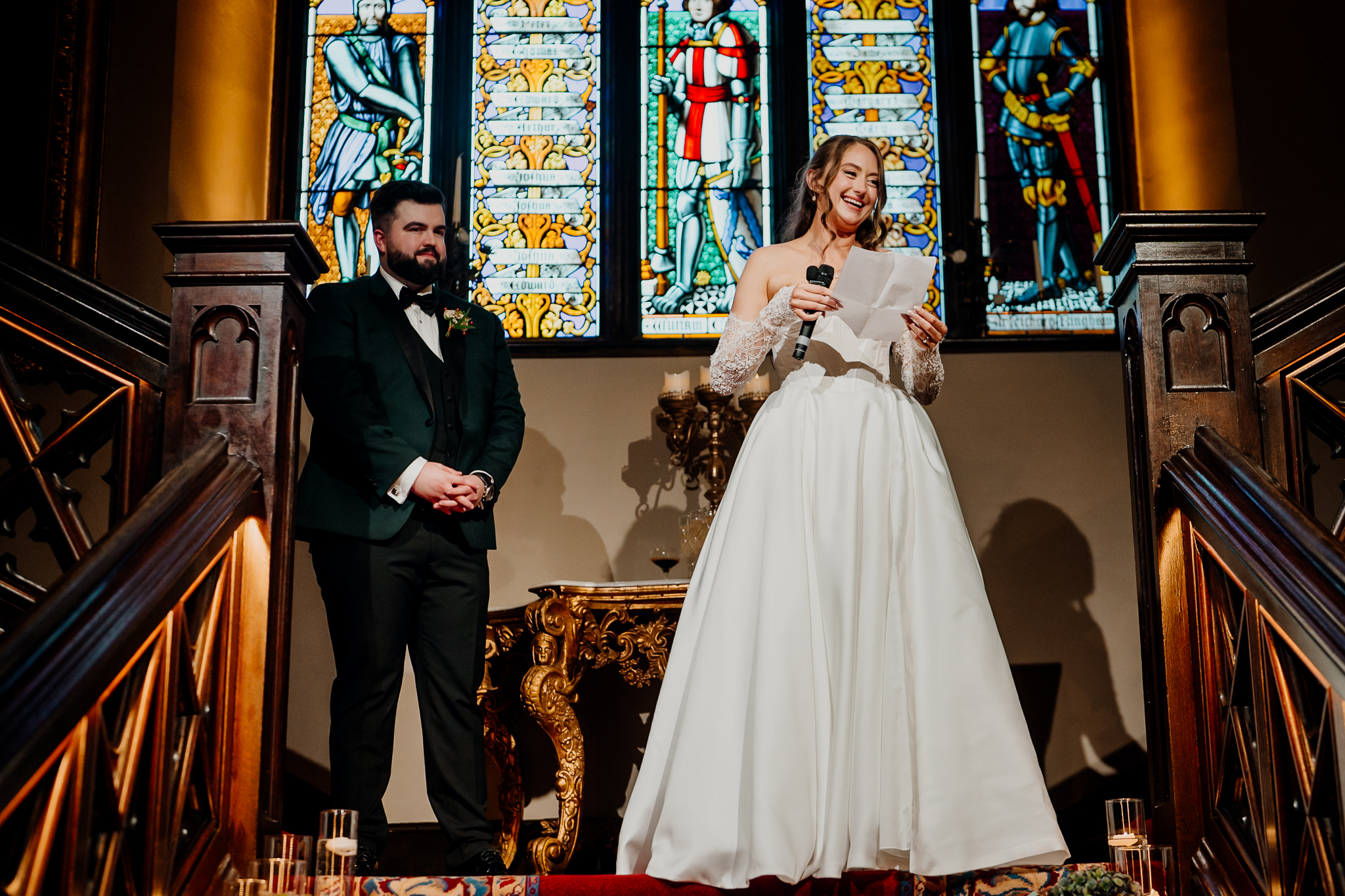 Wedding speech delivered beside colourful stained glass windows on the grand staircase at Markree Castle, Sligo.