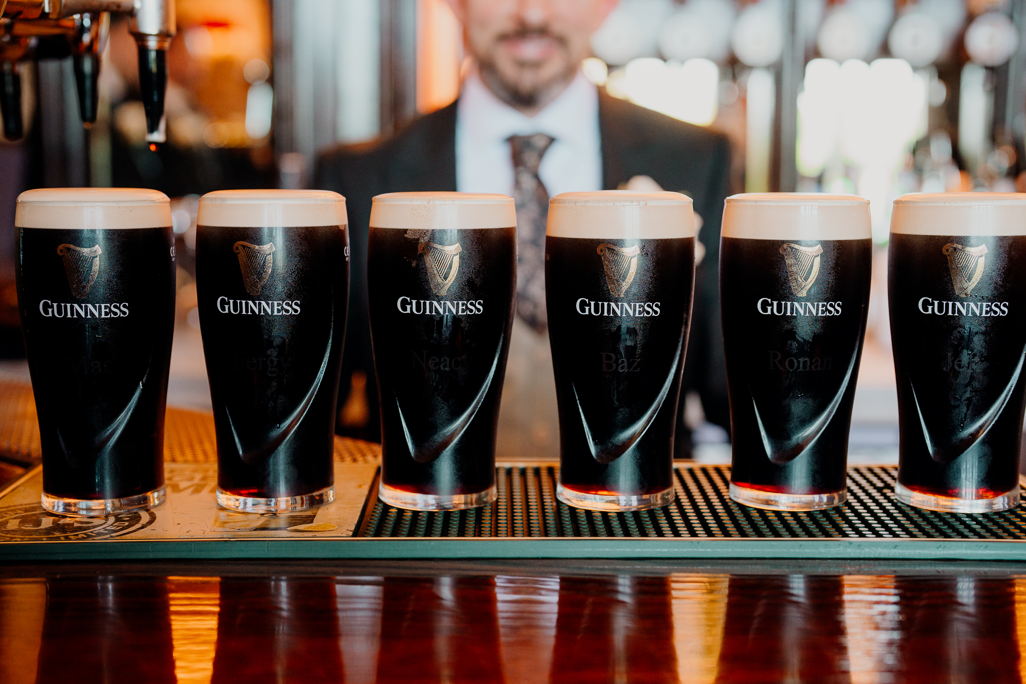Glasses lined up for a groom and groomsmen wedding morning toast at Markree Castle.