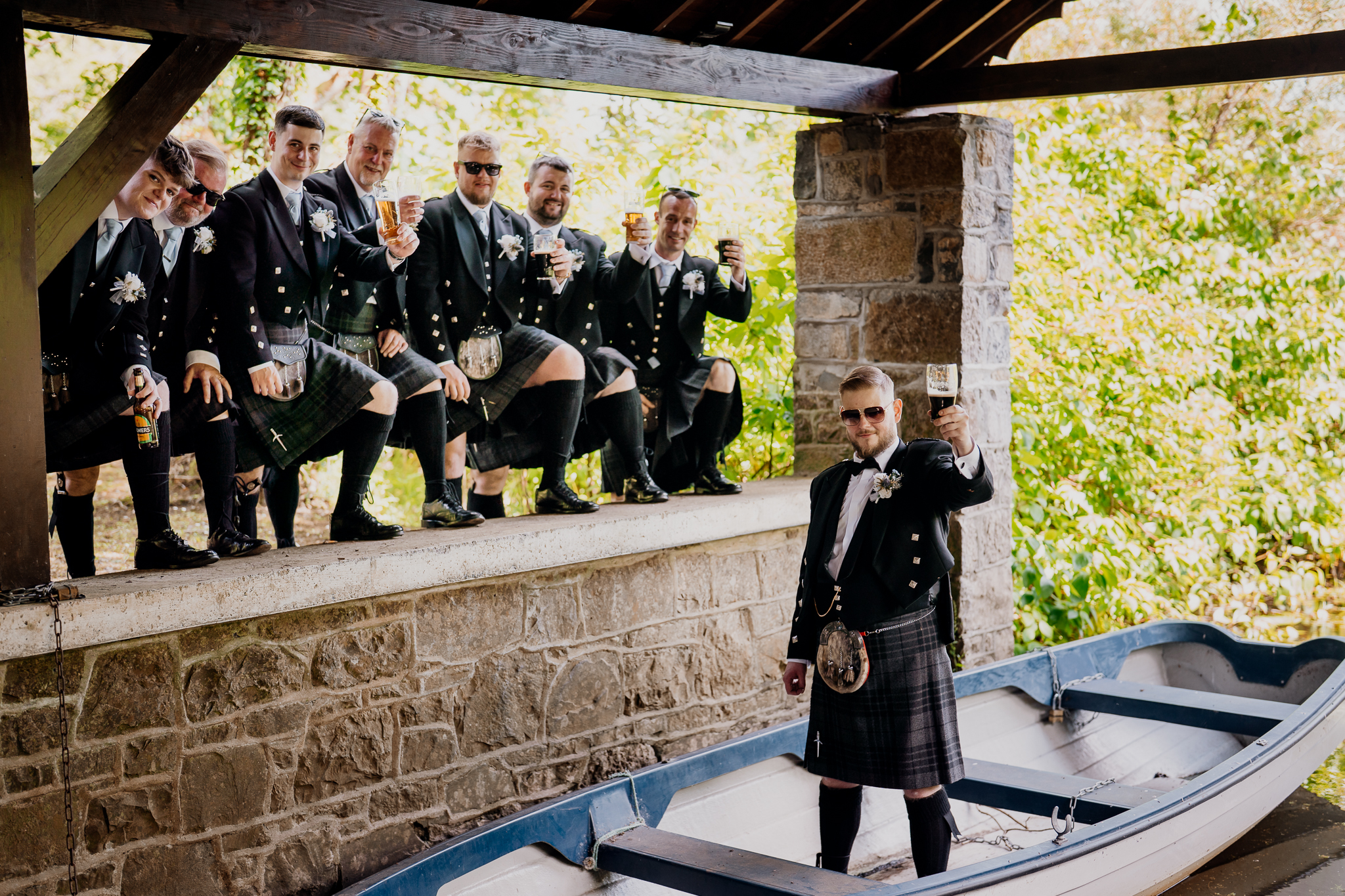 Groom and groomsmen photographed together at the Boathouse at Markree Castle before the wedding ceremony.