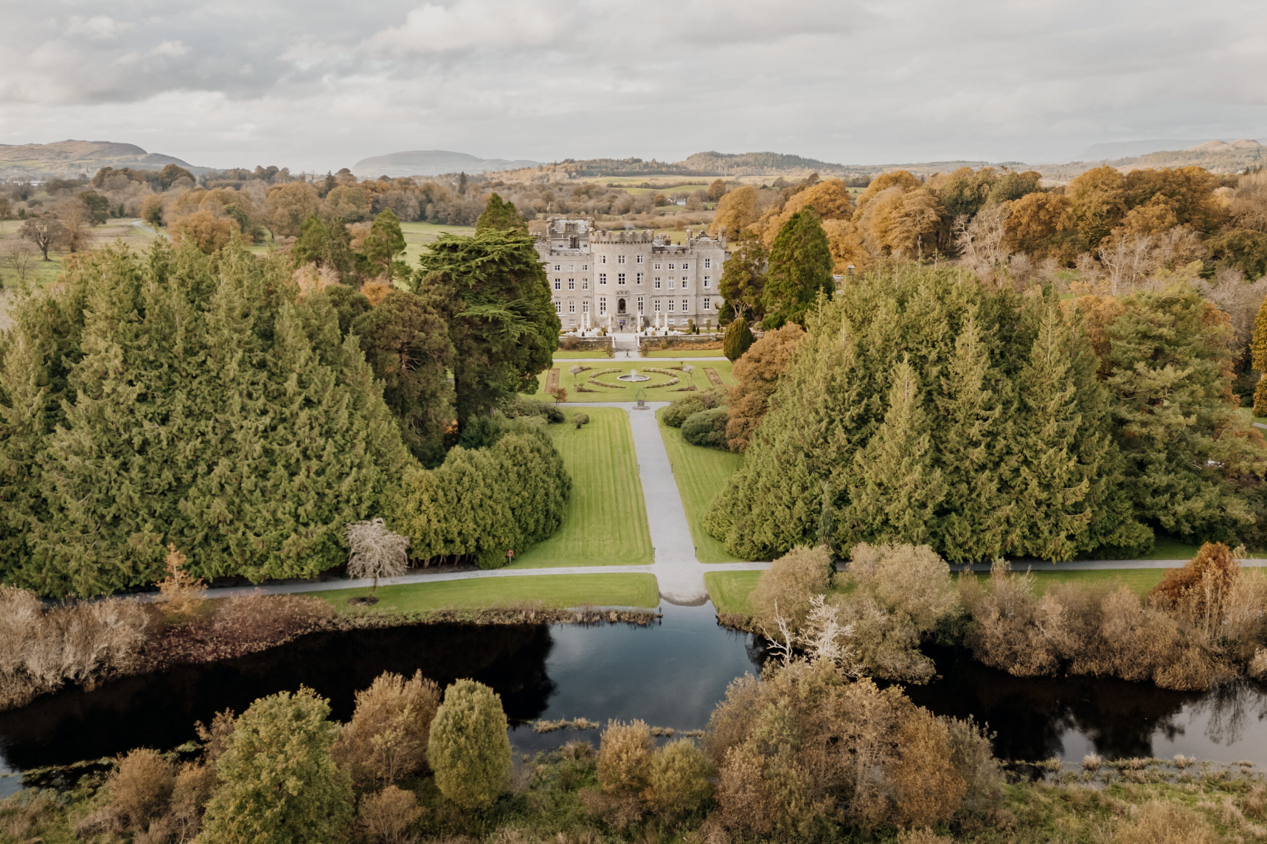 Aerial view of Markree Castle and its grounds on a wedding morning