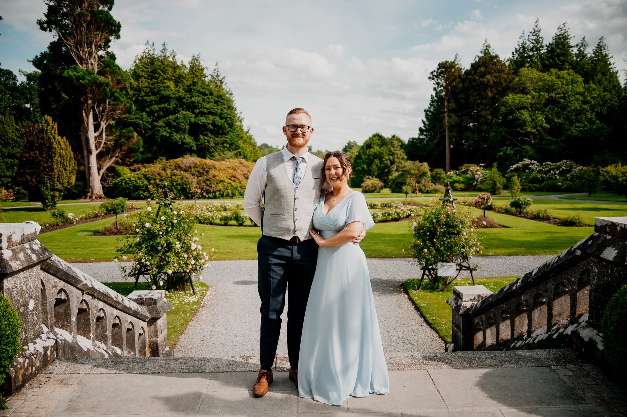 Wedding couple walking through the gardens at Markree Castle